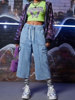 JC Woman M Y2K Cargo Streetwear Boyfriend Crop Wide Leg Denim Jogger Pants